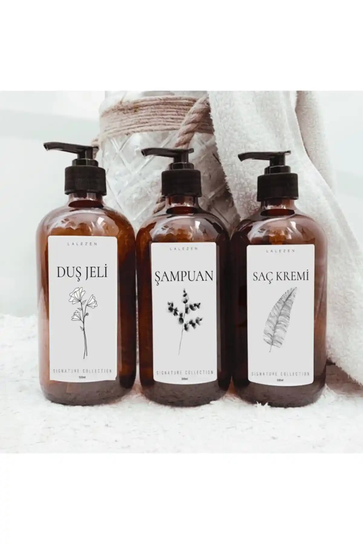 LALEZEN HOME 3'lü Amber Cam Şişe Seti ile Modern ve Şık Banyo Dekorasyonu